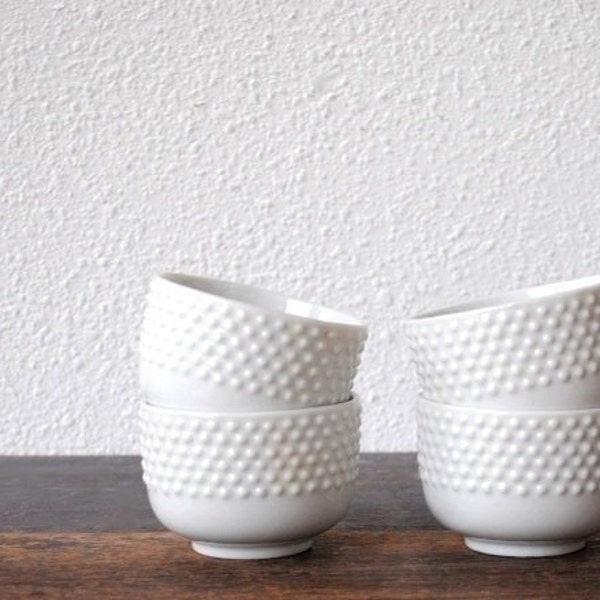 Mod White Porcelain Cup Set, Sake Soju Tea, Japanese Dot Texture Vintage Cups