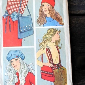 1970s Purse Sewing Pattern Simplicity 9644, UNCUT Hat Cap Belt Suspenders Bag, NOS Vintage Fashion Accessory Supply