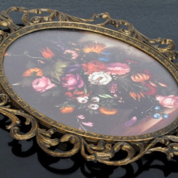 Ornate Brass Glass Frame, Antique Italy Convex Dome Oval Botanical Flower Art Print