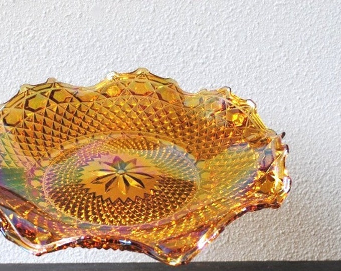 Vintage Carnival Glass Yellow Hostess Serving Plate, Crimped Iridescent Indiana Glass, 1970s Etsy