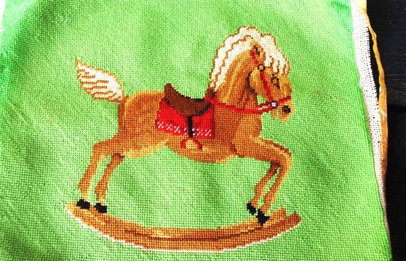 Pillow Sham Wall Art to Frame Vintage Needlepoint Rocking Horse Colorful Cross Stitch Sewing Supply