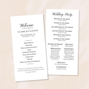 Peut inclure: Deux programmes de mariage blancs avec du texte noir. Le programme de gauche souhaite la bienvenue aux invités au mariage de Claire et Clayton à Weatherford, TX, le 15 décembre 2025. Le programme de droite liste le cortège nuptial.