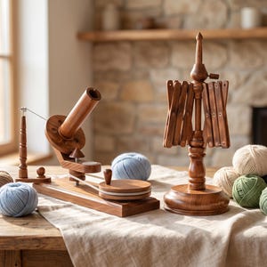 Può includere: Un avvolgitore per lana in legno con manovella e un arcolaio verticale in legno su base. L'avvolgitore presenta una bobina orizzontale e un meccanismo a cinghia. Diversi gomitoli di lana azzurri, beige e verdi sono disposti attorno agli attrezzi.
