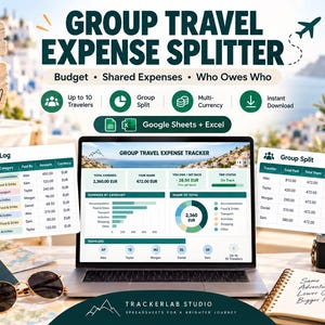 May include: A digital group travel expense splitter tool for Google Sheets and Excel. The interface displays an expense log, a dashboard with charts, and a group split table. Features include tracking for up to 10 travellers, multi-currency support, and instant download capabilities for managing shared trip costs.