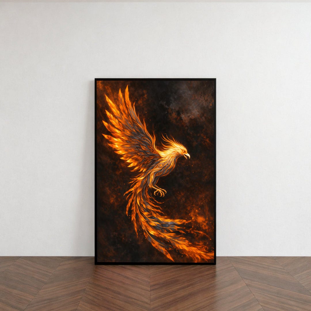 Fiery Phoenix Rising Canvas Wall Art, Mythical Bird Illustration, Flame ...