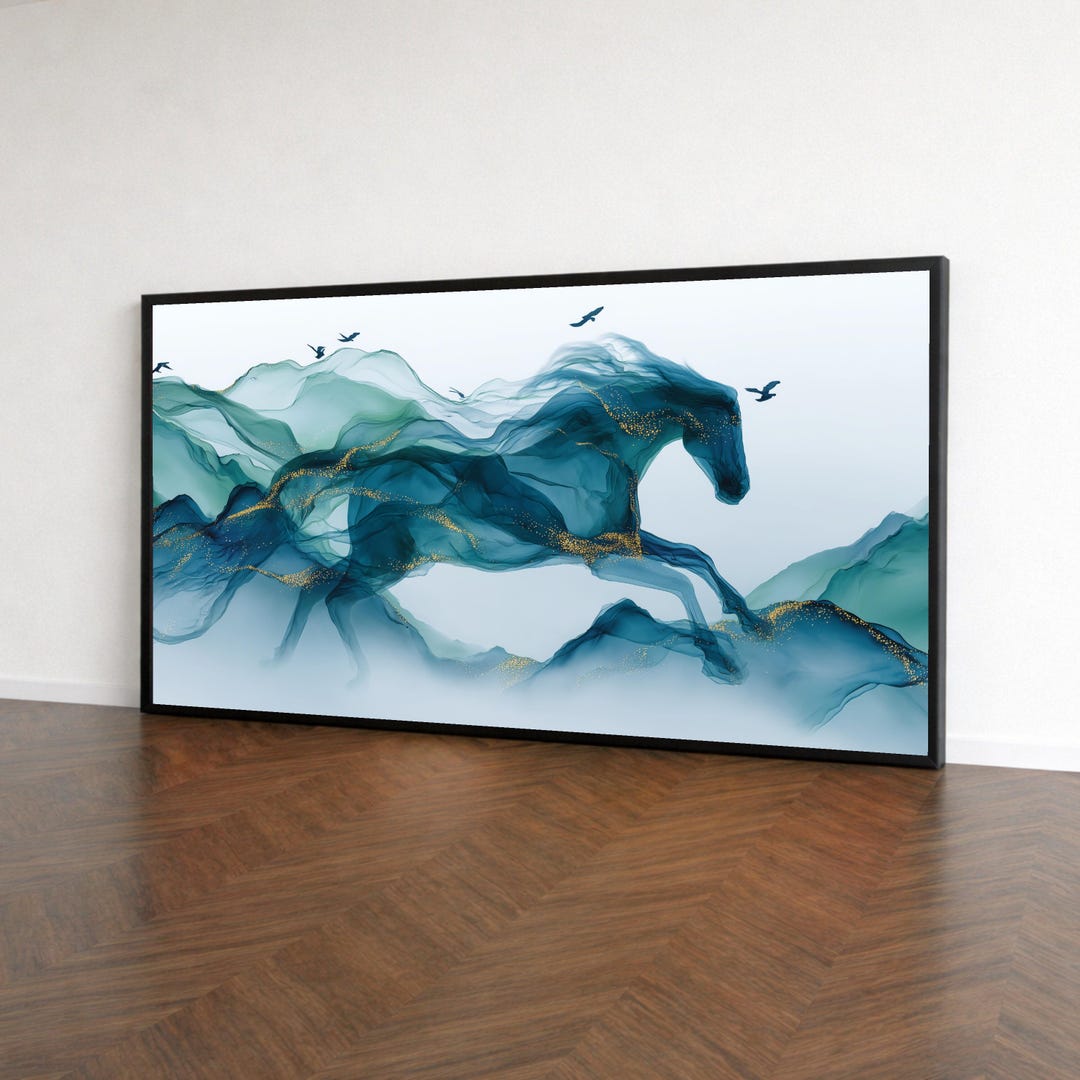 Abstract Blue Horse Canvas Wall Art, Fluid Ink Painting, Modern Animal ...