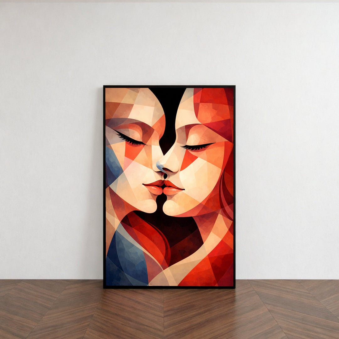 Abstract Faces Embrace Canvas, Modern Geometric Wall Art, Colorful ...