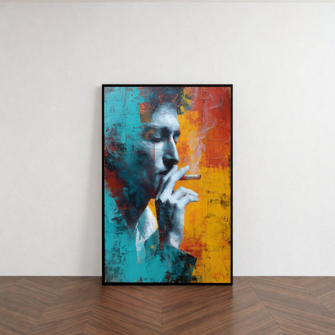 Abstract Man Smoking Canvas, Modern Portrait Wall Art, Blue and Orange ...