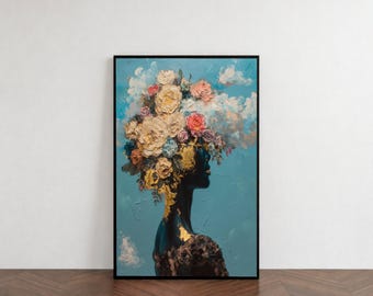 Elegante mujer negra con corona floral, lienzo, retrato abstracto moderno para pared, detalles en pan de oro, azul (digital/impreso/lienzo/enmarcado)