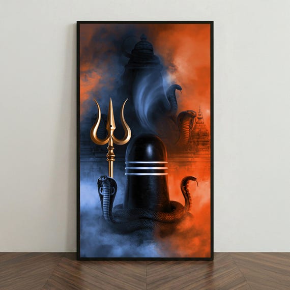 Shiva Lingam With Trishul and Cobra Snakes Canvas, Spiritual Hindu