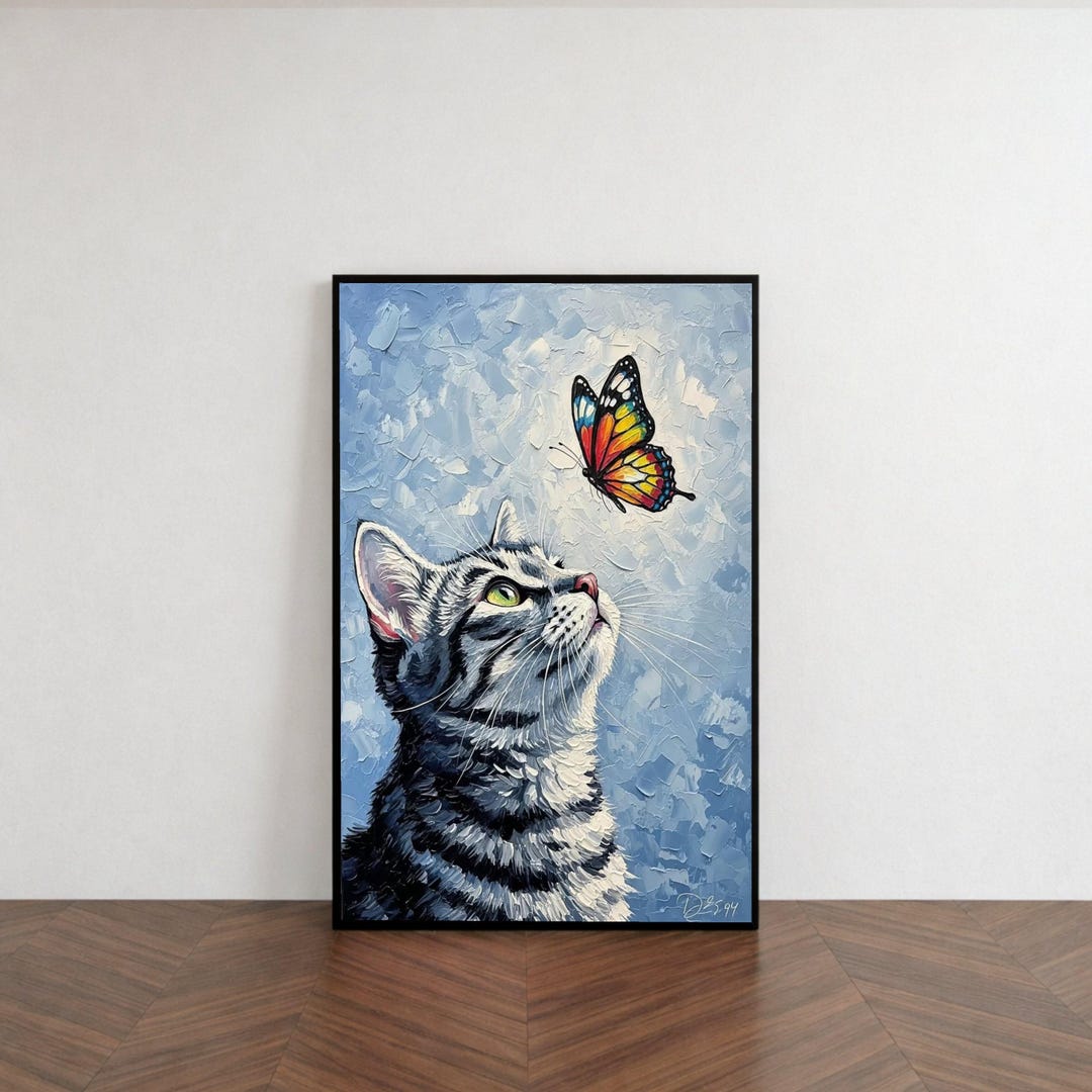 Photo inspiration: Digital Art From Natural Themes Reference: Curious Tabby Cat And Colorful Butterfly Canvas Animal Wall Art