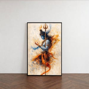 May include: An artistic print of a Hindu deity, depicted with blue skin, wearing a crown, and holding a trident. The artwork features vibrant orange and blue hues against a textured, off-white background, framed in black.