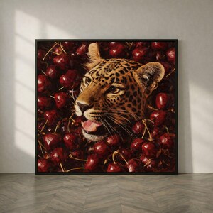 Majestic Leopard Portrait Canvas, Exotic Wildlife Wall Art, Cherry Fruit Background, Nature Animal (Digital / Print / Canvas / Framed)