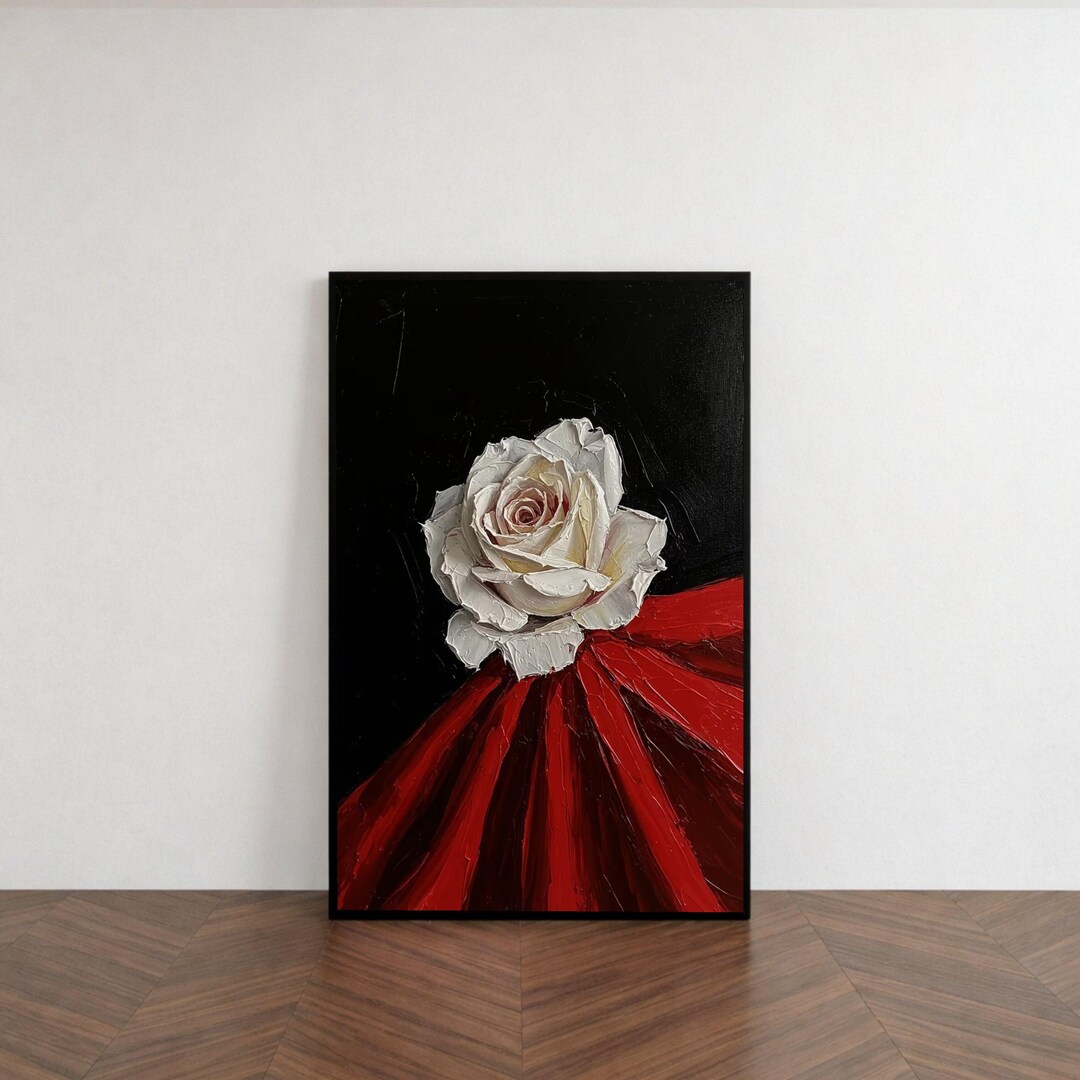 White Rose Canvas Wall Art, Red Fabric Abstract Floral Painting, Flower ...