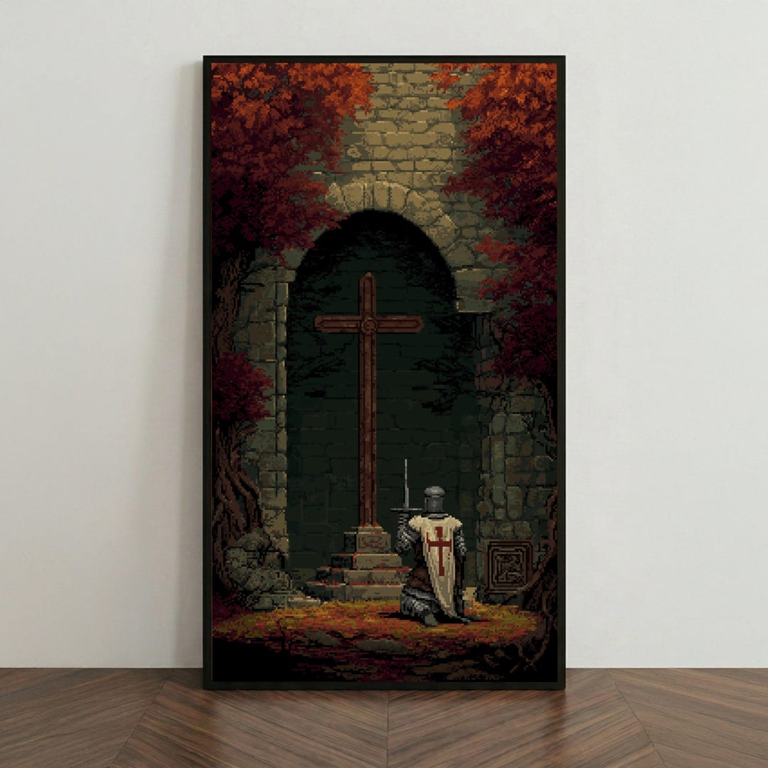 Medieval Knight Praying Canvas, Gothic Cross Wall Art, Pixel Art Shrine ...