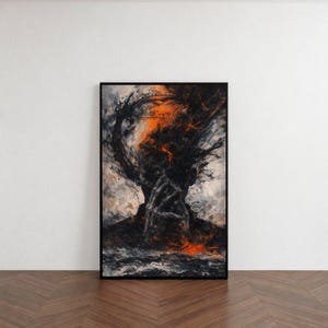 Abstract Contemplation Canvas, Dark Expressionist Wall Art, Moody Portrait Canvas, Orange Black Splash (Digital / Print / Canvas / Framed)