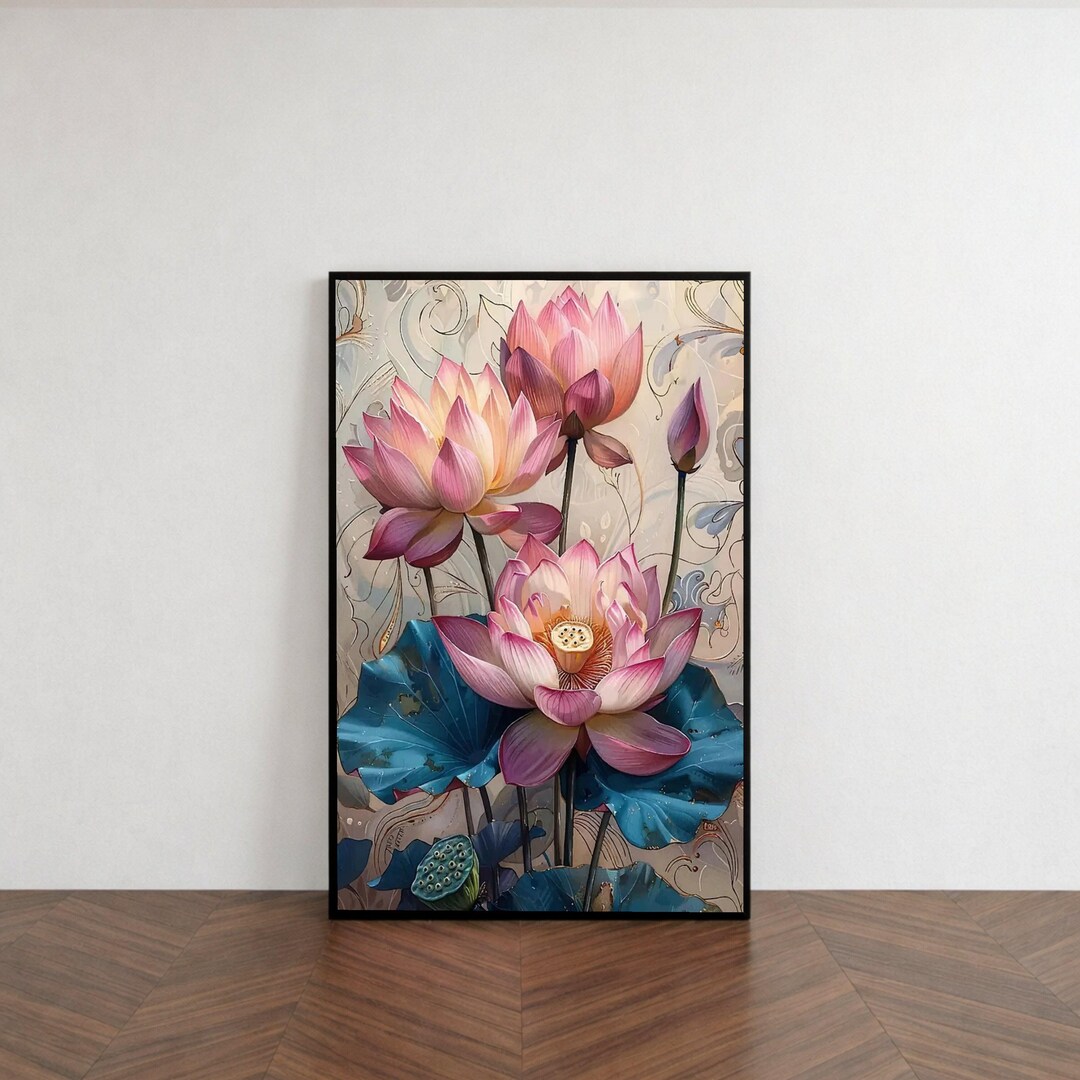 Elegant Pink Lotus Flowers Canvas, Blue Lotus Leaves Wall Art ...