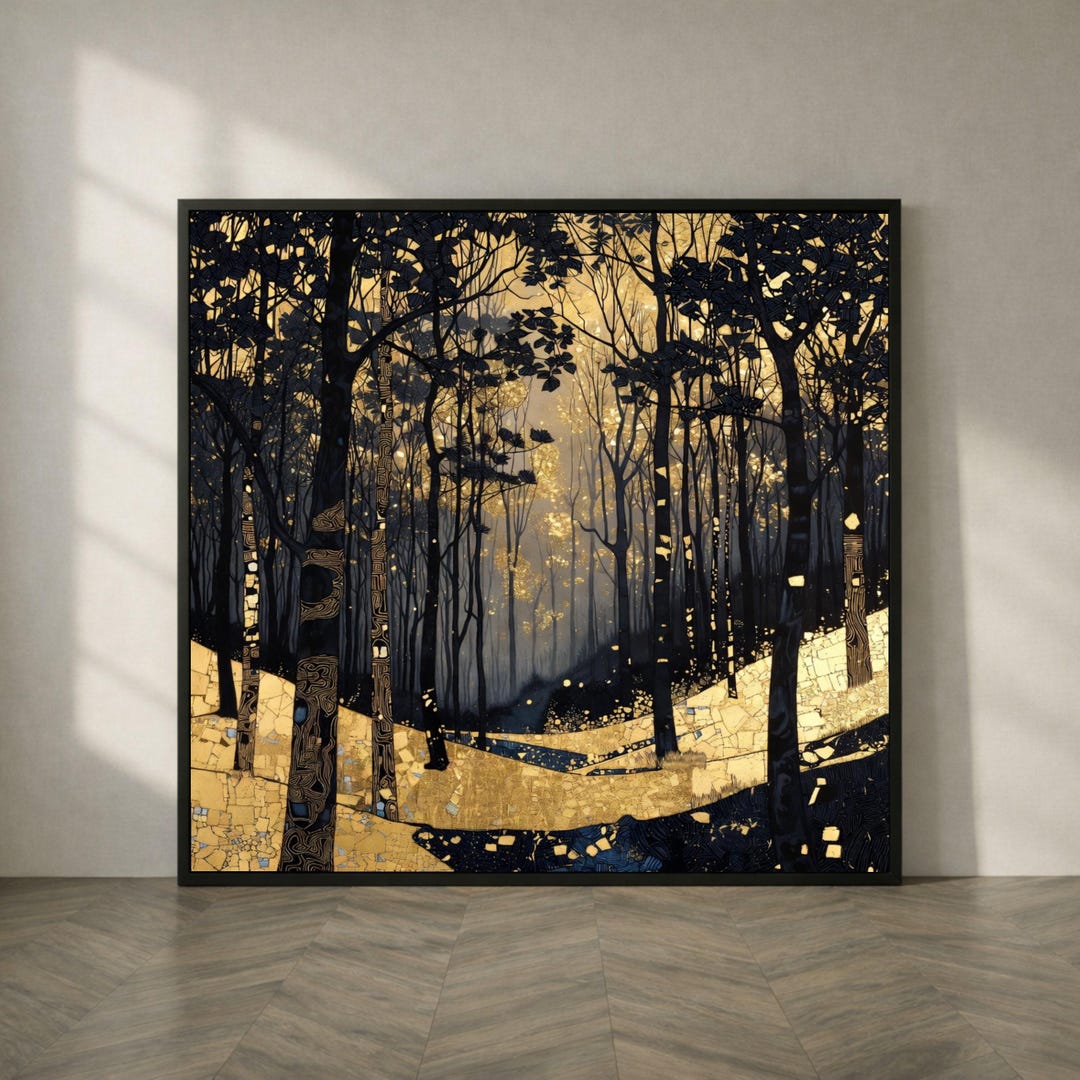 Golden Forest Path Canvas, Abstract Tree Silhouettes, Illuminated Woods ...