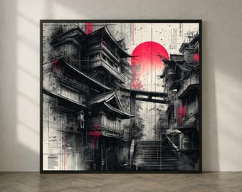 Japanese Street Scene Canvas, Asian Architecture Wall Art, Red Sun Illustration, Oriental Building (Digital / Print / Canvas / Framed)
