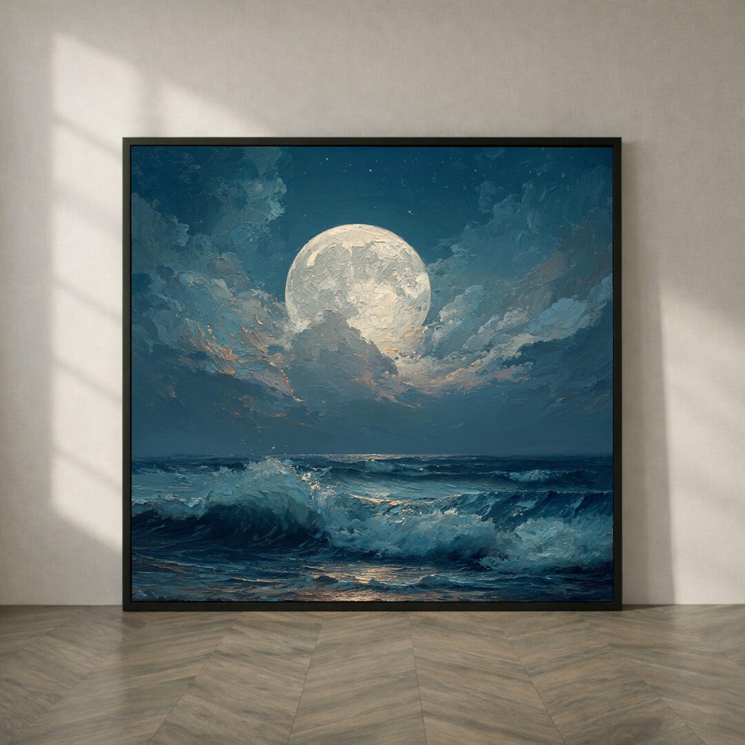 Full Moon Ocean Waves Canvas, Night Sea Landscape Wall Art, Moody ...