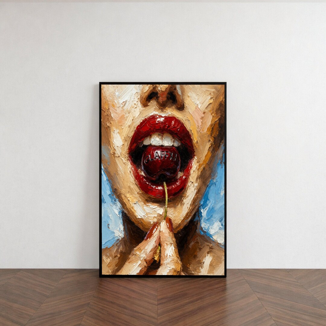 Bold Red Lips Cherry Canvas, Painting Wall Art, Modern Portrait Canvas ...