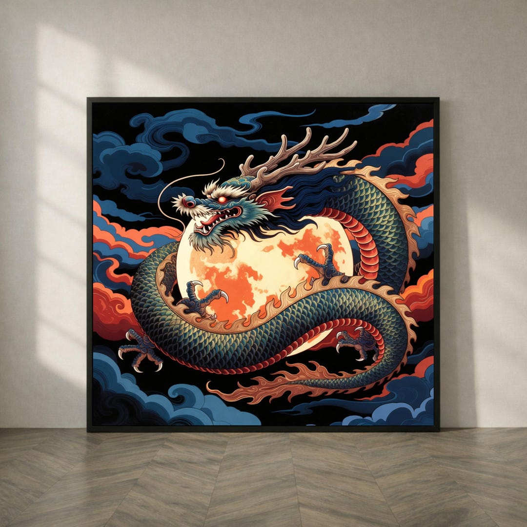 Majestic Dragon Full Moon, Asian Mythical Creature Canvas, Bold Fantasy ...
