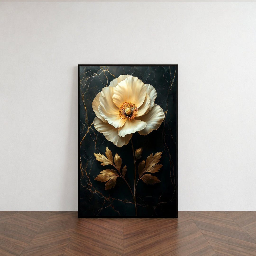 Elegant White and Gold Flower Canvas Wall Art, Floral Botanical Decor ...