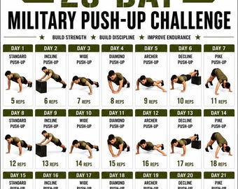 Reto militar de 28 días de flexiones / Plan de entrenamiento con peso corporal / Póster de entrenamiento tipo bootcamp en PDF