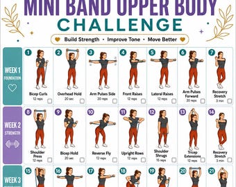 28 Day Mini Band Upper Body Workout PDF, Resistance Band Arm Exercises Chart, Home Fitness Routine Poster Workout Plan