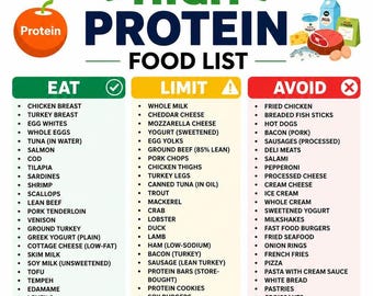 Lista de alimentos ricos en proteínas imprimible en PDF / Tabla guía de alimentos ricos en proteínas / Lista de alimentos que se deben evitar y consumir / Guía de alimentos ricos en proteínas en PDF