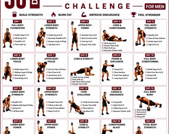 Reto de entrenamiento con pesas rusas de 30 días, rutina de ejercicios para todo el cuerpo (piernas, brazos, abdomen), planificador de entrenamiento en casa, PDF de entrenamiento de fuerza y acondicionamiento.