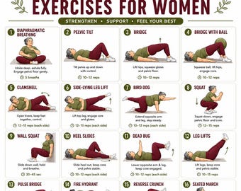 Pelvic Floor Workout For Women, Kegel Exercises Printable Poster, Bladder Leak Control, Postpartum Recovery, Core & Pelvic Stability Routi