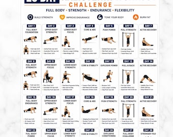 28 Day Kalistenik Workout Challenge, Full Body Exercise Routine Legs, Arms, Core, Home Fitness Planner, Strength & Conditioning Training