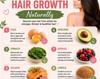 Tabla imprimible para el crecimiento del cabello / Alimentos para el crecimiento del cabello (PDF) / Lista de alimentos ricos en biotina / Guía de alimentación, límites y alimentos que se deben evitar / Salud y bienestar del cabello