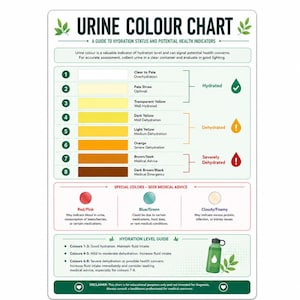 May include: A rectangular urine colour chart featuring a numbered scale from one to eight, displaying shades from clear to dark brown. It includes sections for hydration status, special colours like red, blue, and cloudy, and a hydration level guide.