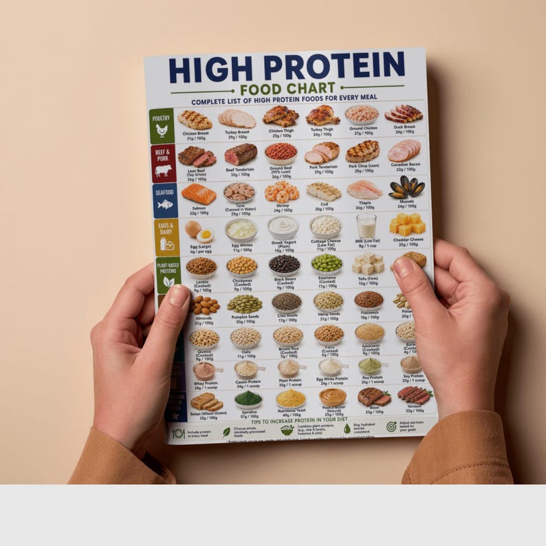 May include: A rectangular informational chart titled HIGH PROTEIN FOOD CHART with the subtitle COMPLETE LIST OF HIGH PROTEIN FOODS FOR EVERY MEAL. The chart features rows of various food items categorized by poultry, beef, pork, seafood, eggs, dairy, and plant-based proteins, each with specific protein content per 100g.