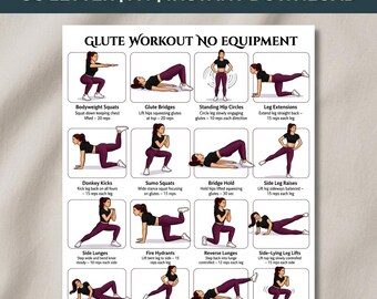 Rutina de ejercicios para glúteos sin equipo (imprimible), tabla de ejercicios para glúteos, póster de ejercicios para la parte inferior del cuerpo en casa para piernas y glúteos.