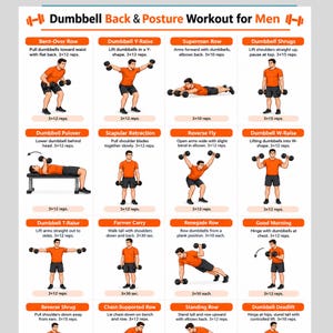 Puede incluir: Un póster instructivo blanco titulado Dumbbell Back & Posture Workout for Men que presenta dieciséis paneles de ejercicios ilustrados. Cada panel muestra a una persona con camiseta naranja realizando un movimiento con mancuernas, incluyendo instrucciones de texto y conteo de repeticiones.