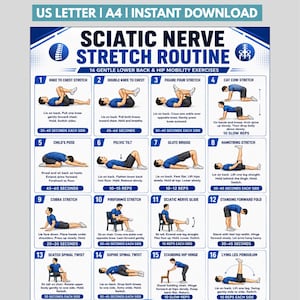 Könnte beinhalten: Ein blau-weißes Lehrplakat mit dem Titel Sciatic Nerve Stretch Routine, das 16 nummerierte Illustrationen von Übungen zur Mobilität des unteren Rückens und der Hüfte zeigt. Jeder Abschnitt enthält einen Titel, Anleitungen und Dauer.