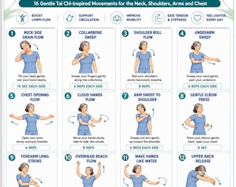 Tai Chi Lymphatic Flow for Women 50+Upper Body | Printable Hip Leg Foot Chart PDF | 16 Gentle Movements