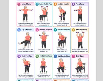 Light Dumbbell Exercises for Seniors, Seated Chair Workout Poster, Senior Fitness Printable PDF