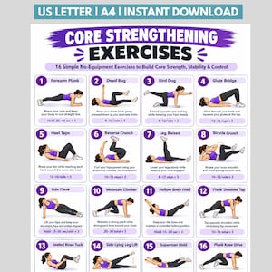 Peut inclure: Une affiche numérique intitulée CORE STRENGTHENING EXERCISES présentant 16 illustrations numérotées de personnes effectuant des exercices au poids du corps. Chaque section inclut le nom, les instructions et les répétitions en violet et blanc.