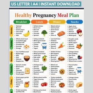 May include: A digital Healthy Pregnancy Meal Plan chart featuring a weekly schedule from Monday to Friday with columns for Breakfast, Lunch, Dinner, and Snacks. The document includes text lists of food items, colorful illustrations, and the header US LETTER | A4 | INSTANT DOWNLOAD.