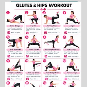 Puede incluir: Un póster instructivo blanco titulado GLUTES & HIPS WORKOUT que presenta dieciséis ilustraciones numeradas de una persona con camiseta rosa y leggings negros realizando varios ejercicios con descripciones de texto y conteo de repeticiones.