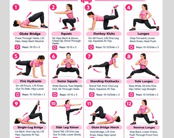 Butt Lift Exercises, Glute & Hip Workout, Booty and Legs Training Chart, Women’s Lower Body Workout, Home Gym Printable