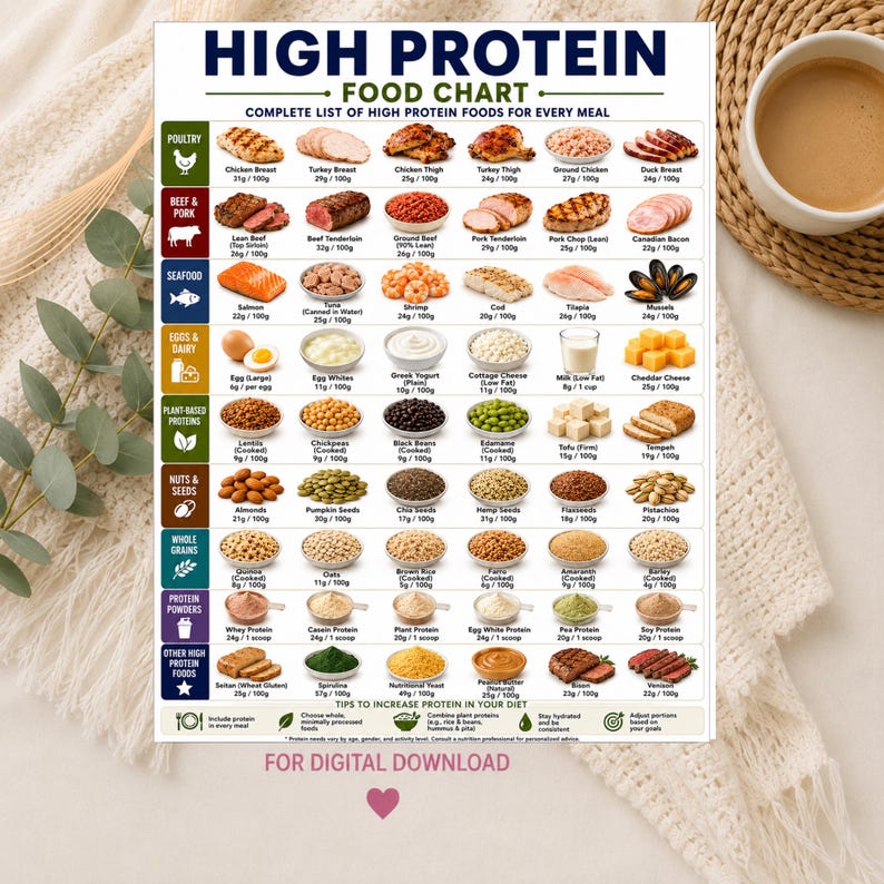 May include: A rectangular High Protein Food Chart poster featuring categorized food groups like poultry, beef, pork, seafood, dairy, and grains. Each item includes a small image, name, and protein content per 100g. The bottom text reads For Digital Download.