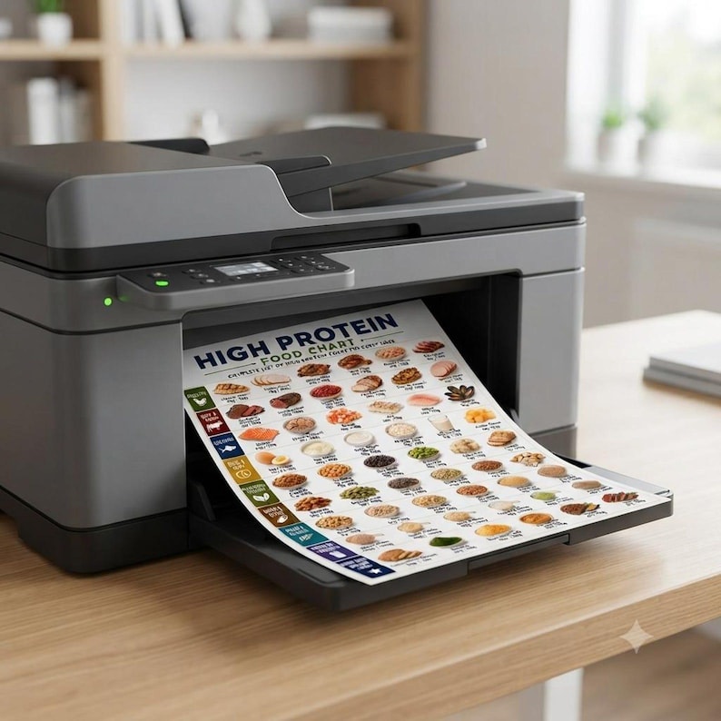 May include: A gray and black multifunction printer with a paper tray extending outward. A printed sheet of paper rests in the tray, displaying a grid titled HIGH PROTEIN FOOD CHART with various food illustrations and text labels in rows.