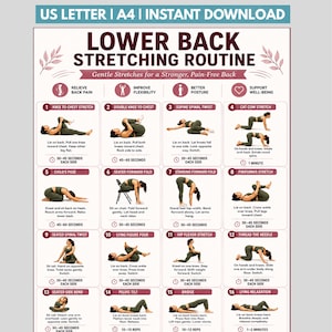 May include: A digital poster titled LOWER BACK STRETCHING ROUTINE with the subtitle Gentle Stretches for a Stronger, Pain-Free Back. It features sixteen numbered illustrations of a person in olive green activewear performing various stretches.