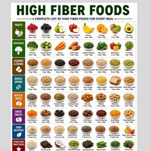 May include: A white educational poster titled HIGH FIBER FOODS with a complete list of high fiber foods for every meal. The chart is organized into categories including fruits, vegetables, legumes, beans, grains, nuts, seeds, and dried fruits.