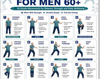 Tai Chi Workouts for Men 60+ | Senior Tai Chi Exercise Chart | Gentle Balance & Mobility Workout | Printable Fitness Guide